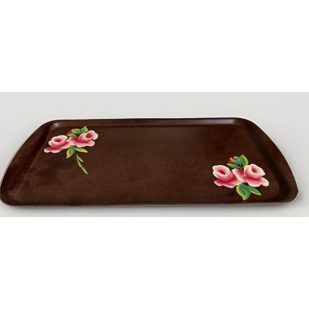 Pink And Brown floral Tole Tray 1950’s Trinket Dish Vanity Tray Plastic 15x7”